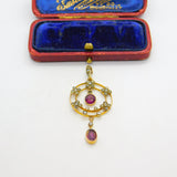 Edwardian 9ct Gold, Seed Pearl & Garnet Lavalier Drop Pendant c1910 Antique