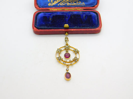 Edwardian 9ct Gold, Seed Pearl & Garnet Lavalier Drop Pendant c1910 Antique