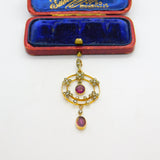 Edwardian 9ct Gold, Seed Pearl & Garnet Lavalier Drop Pendant c1910 Antique