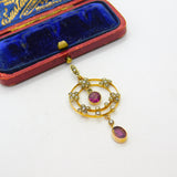 Edwardian 9ct Gold, Seed Pearl & Garnet Lavalier Drop Pendant c1910 Antique