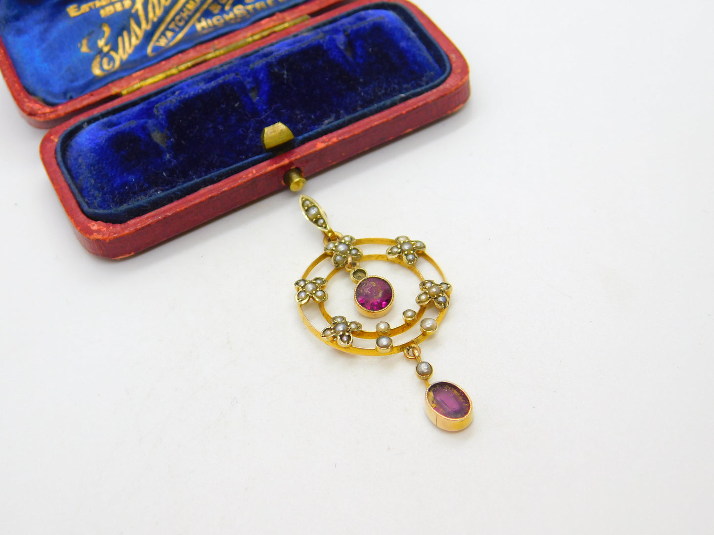 Edwardian 9ct Gold, Seed Pearl & Garnet Lavalier Drop Pendant c1910 Antique