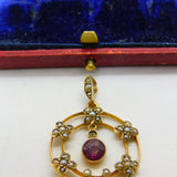 Edwardian 9ct Gold, Seed Pearl & Garnet Lavalier Drop Pendant c1910 Antique