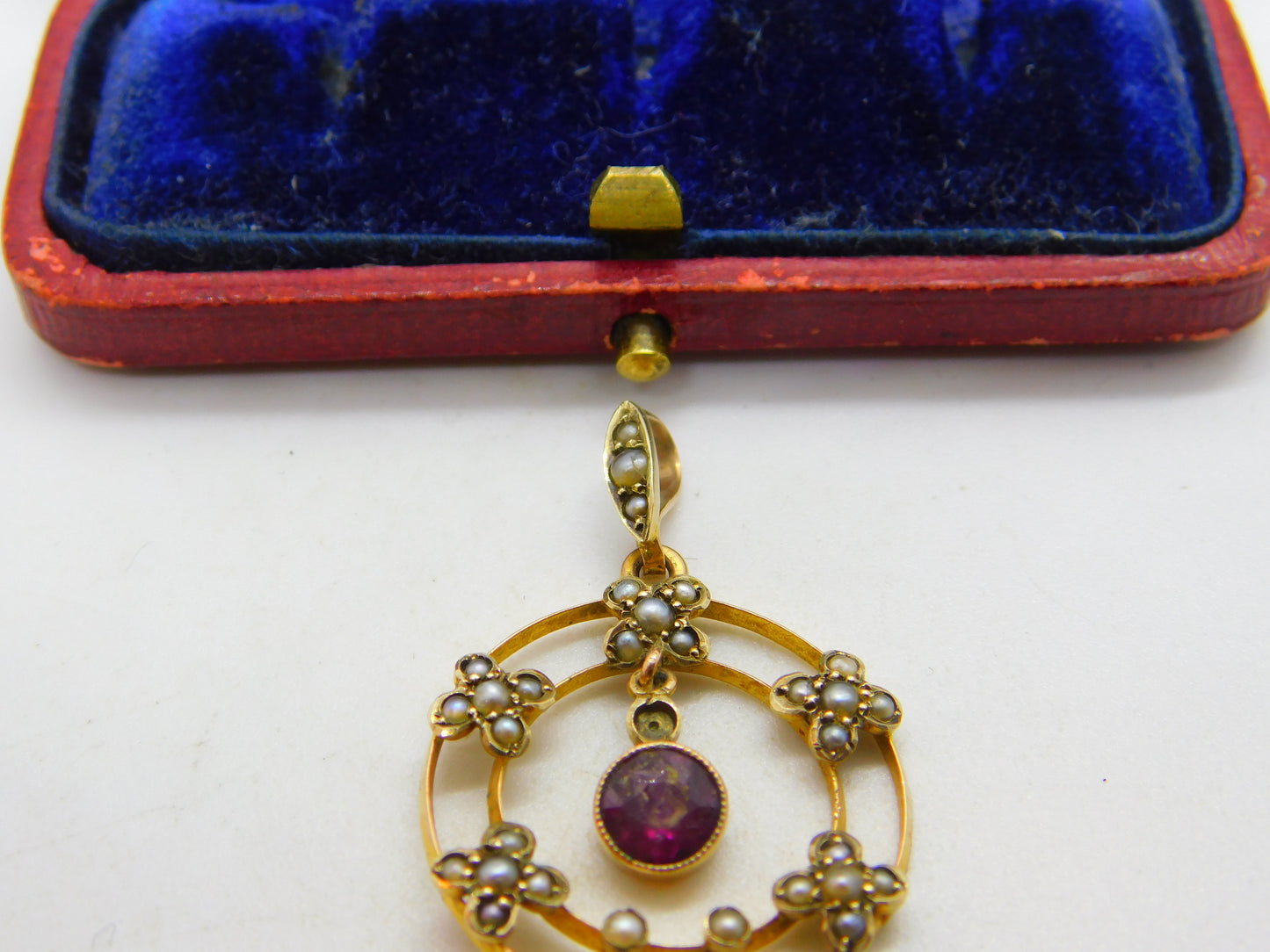 Edwardian 9ct Gold, Seed Pearl & Garnet Lavalier Drop Pendant c1910 Antique