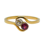 Victorian 18ct Yellow Gold, Diamond & Ruby 'Toi Et Moi' Engagement Ring Antique