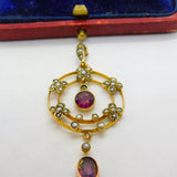 Edwardian 9ct Gold, Seed Pearl & Garnet Lavalier Drop Pendant c1910 Antique