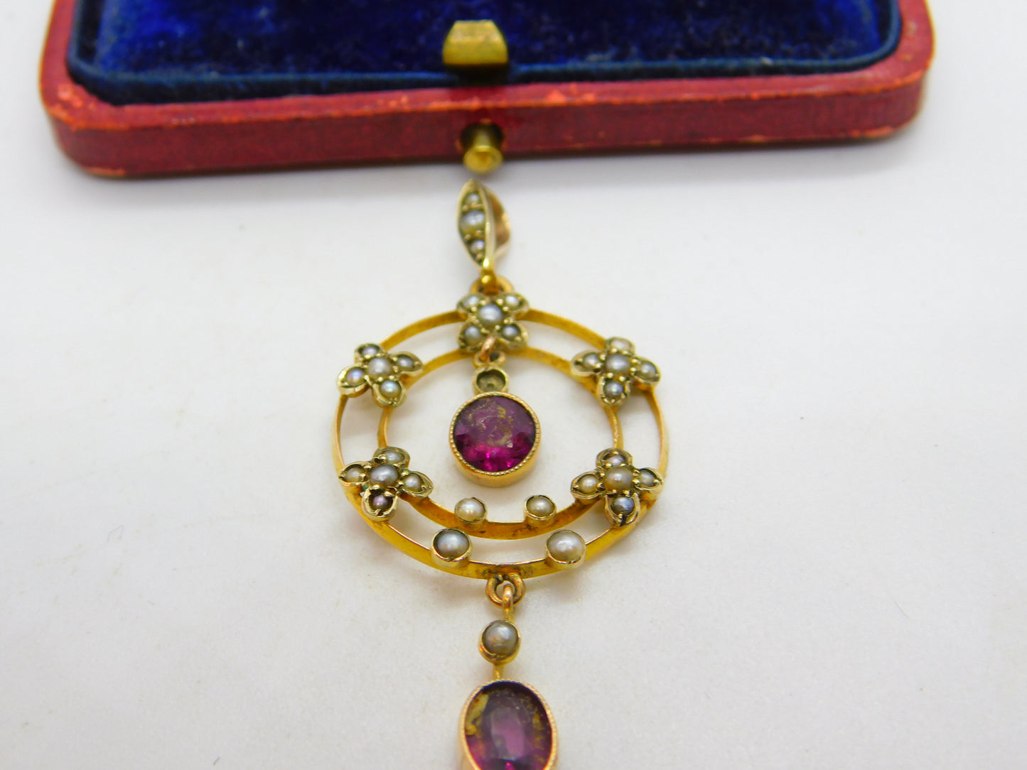 Edwardian 9ct Gold, Seed Pearl & Garnet Lavalier Drop Pendant c1910 Antique