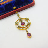 Edwardian 9ct Gold, Seed Pearl & Garnet Lavalier Drop Pendant c1910 Antique