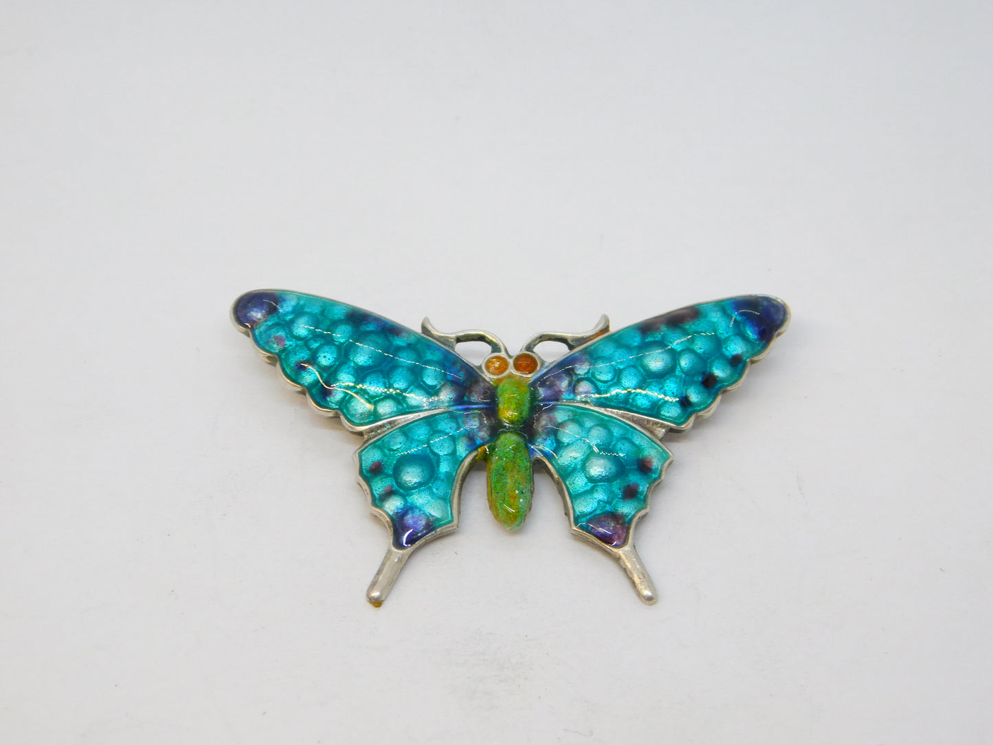 Sterling Silver Colourful Guilloche Enamel Butterfly Brooch Antique c1920 Deco