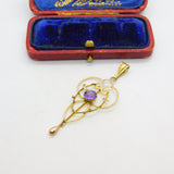 Edwardian 9ct Yellow Gold, Amethyst Set Lavalier Drop Pendant c1910 Antique