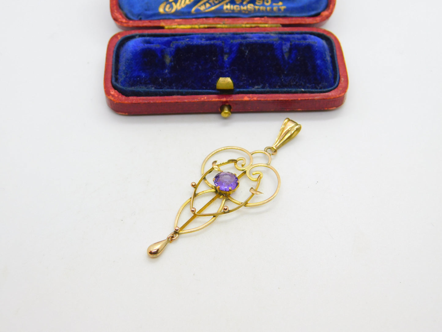 Edwardian 9ct Yellow Gold, Amethyst Set Lavalier Drop Pendant c1910 Antique