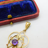 Edwardian 9ct Yellow Gold, Amethyst Set Lavalier Drop Pendant c1910 Antique