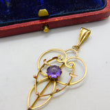 Edwardian 9ct Yellow Gold, Amethyst Set Lavalier Drop Pendant c1910 Antique