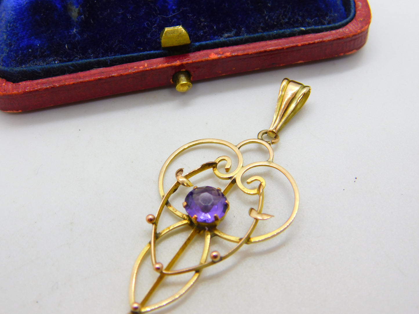 Edwardian 9ct Yellow Gold, Amethyst Set Lavalier Drop Pendant c1910 Antique