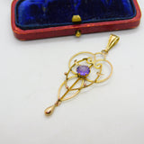 Edwardian 9ct Yellow Gold, Amethyst Set Lavalier Drop Pendant c1910 Antique