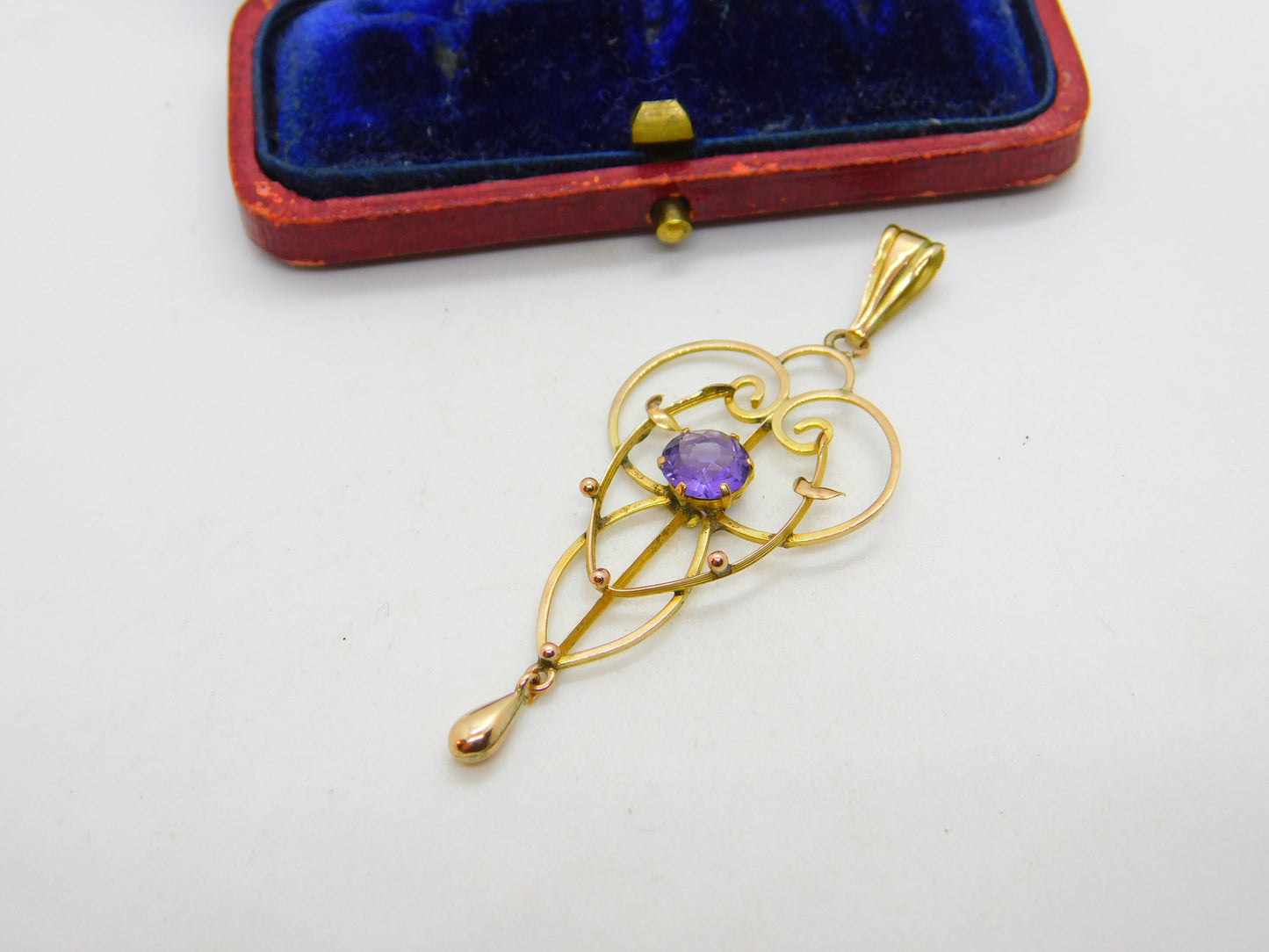 Edwardian 9ct Yellow Gold, Amethyst Set Lavalier Drop Pendant c1910 Antique