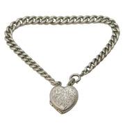Edwardian Sterling Silver Leaf Pattern Heart Locket Bracelet Antique Birmingham