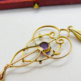 Edwardian 9ct Yellow Gold, Amethyst Set Lavalier Drop Pendant c1910 Antique