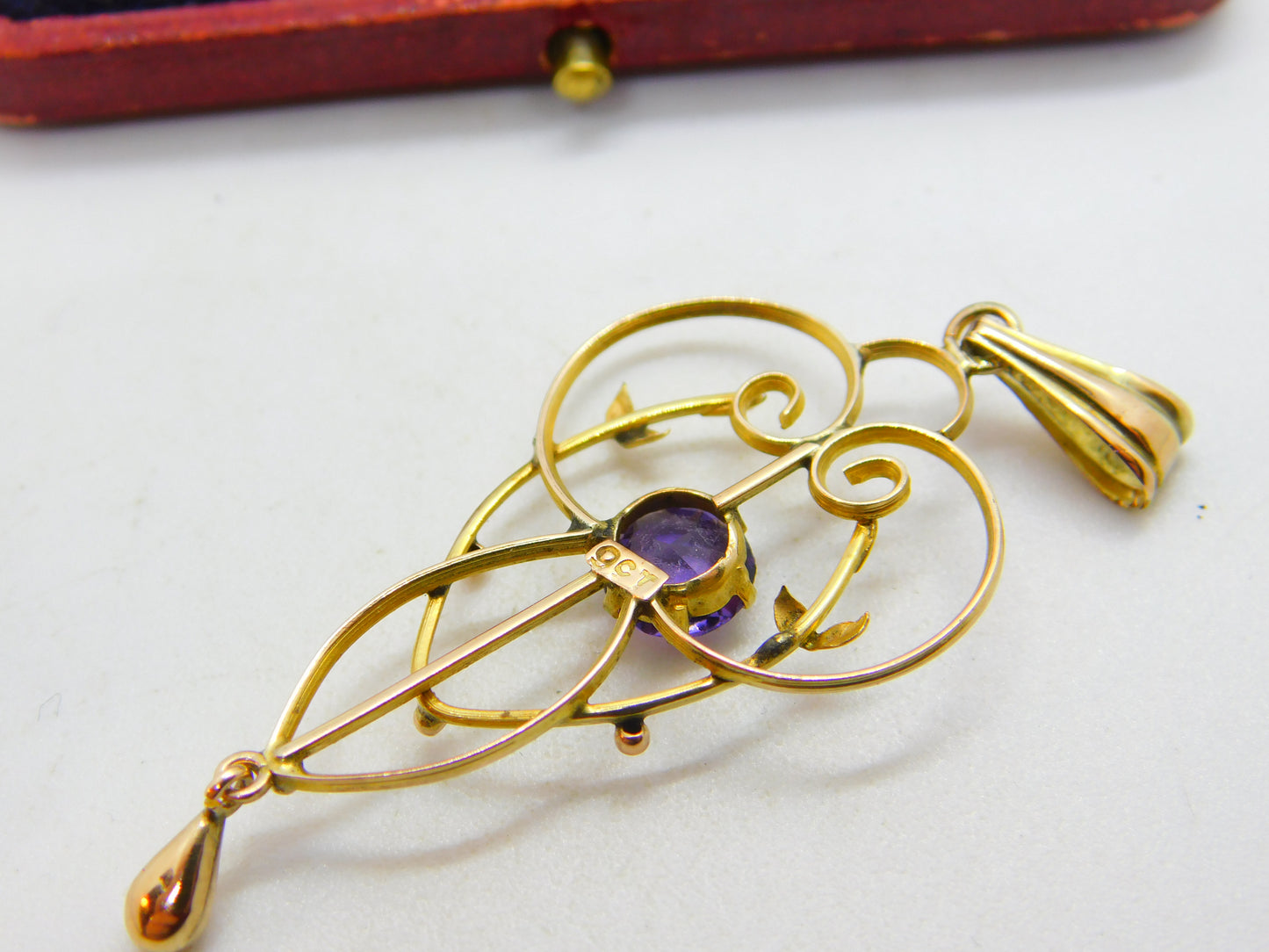 Edwardian 9ct Yellow Gold, Amethyst Set Lavalier Drop Pendant c1910 Antique