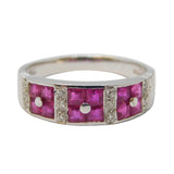 18ct White Gold, Diamond & Square-Cut Ruby Dress Ring Vintage Sheffield