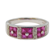 18ct White Gold, Diamond & Square-Cut Ruby Dress Ring Vintage Sheffield