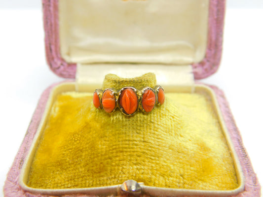 Early Georgian 9ct Gold & Five-Part Carved Floral Red Coral Ring c1760 Antique