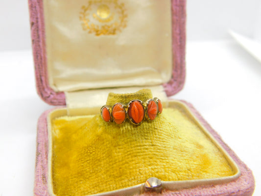 Early Georgian 9ct Gold & Five-Part Carved Floral Red Coral Ring c1760 Antique