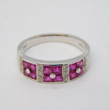 18ct White Gold, Diamond & Square-Cut Ruby Dress Ring Vintage Sheffield