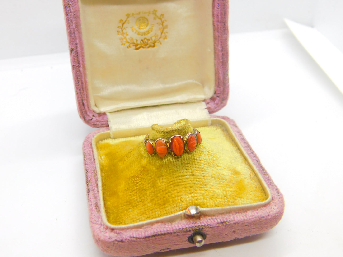 Early Georgian 9ct Gold & Five-Part Carved Floral Red Coral Ring c1760 Antique