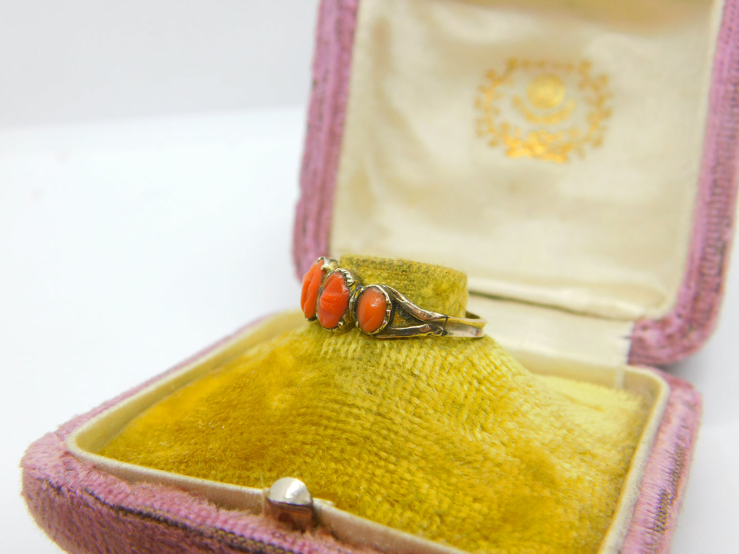 Early Georgian 9ct Gold & Five-Part Carved Floral Red Coral Ring c1760 Antique