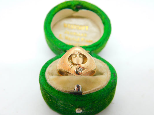 18ct Yellow Gold & Diamond Art Nouveau Lady Signet Ring Antique c1930 Deco