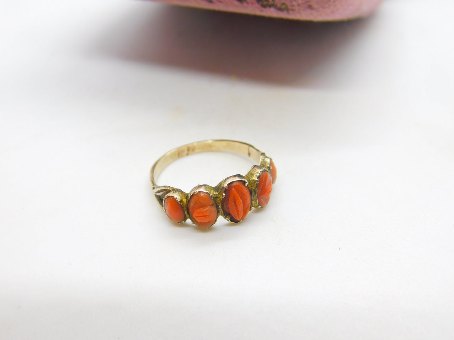 Early Georgian 9ct Gold & Five-Part Carved Floral Red Coral Ring c1760 Antique