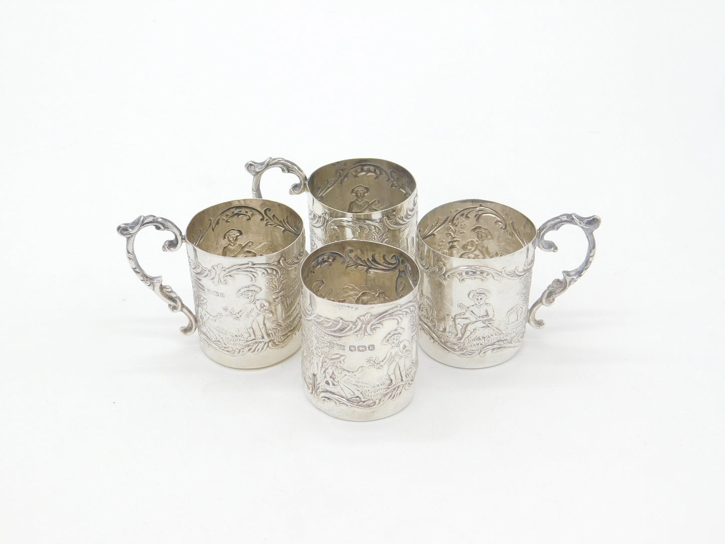 Set of Four Sterling Silver Shot Cup Mounts Farming Scenes Antique 1927 Art Deco