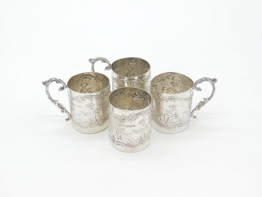 Set of Four Sterling Silver Shot Cup Mounts Farming Scenes Antique 1927 Art Deco