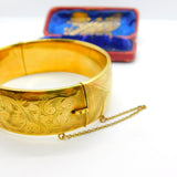 9ct Yellow Gold on Metal Core Floral Cuff Bangle Antique c1930 Art Deco