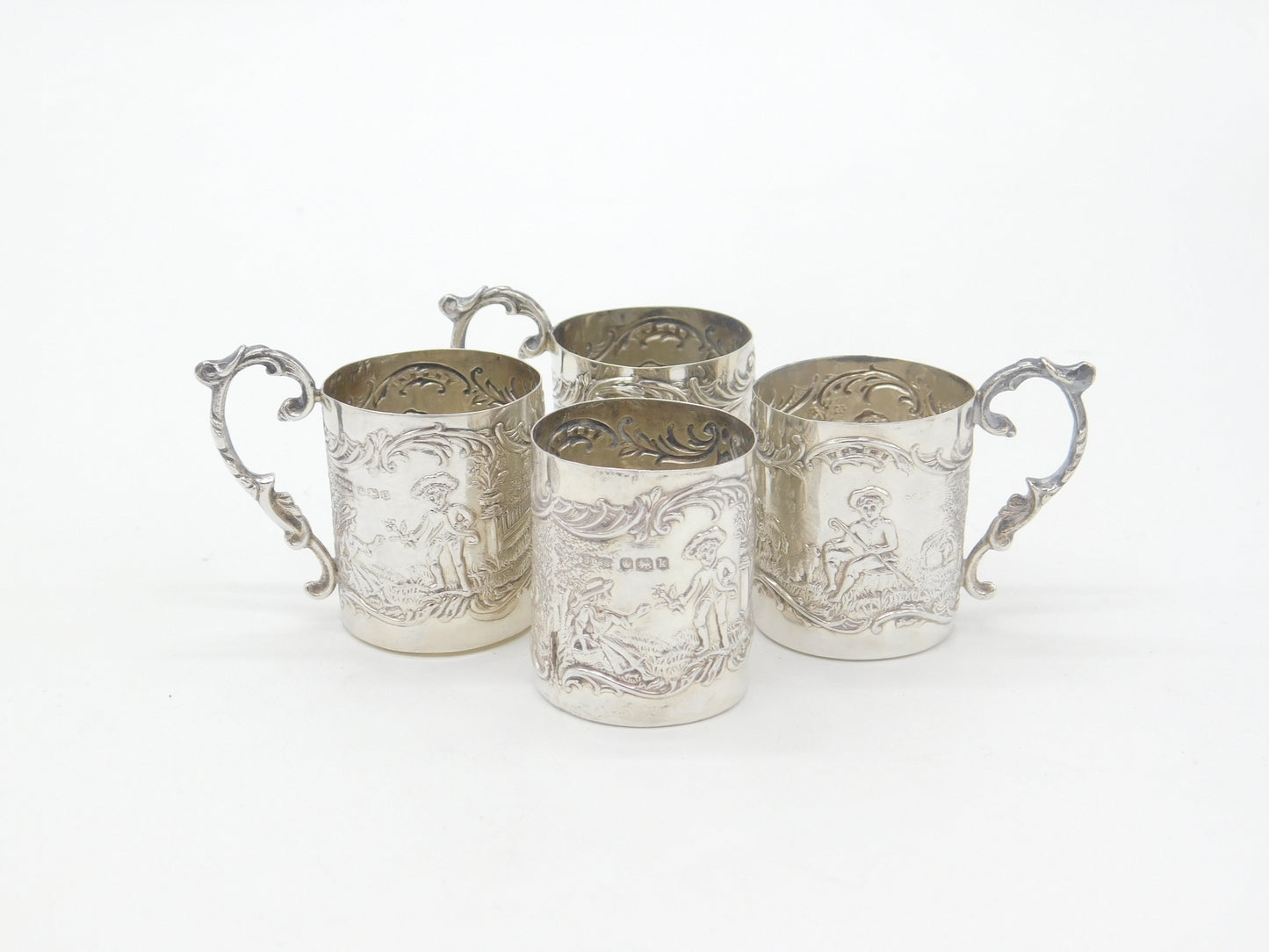 Set of Four Sterling Silver Shot Cup Mounts Farming Scenes Antique 1927 Art Deco