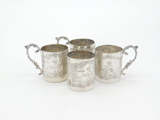 Set of Four Sterling Silver Shot Cup Mounts Farming Scenes Antique 1927 Art Deco