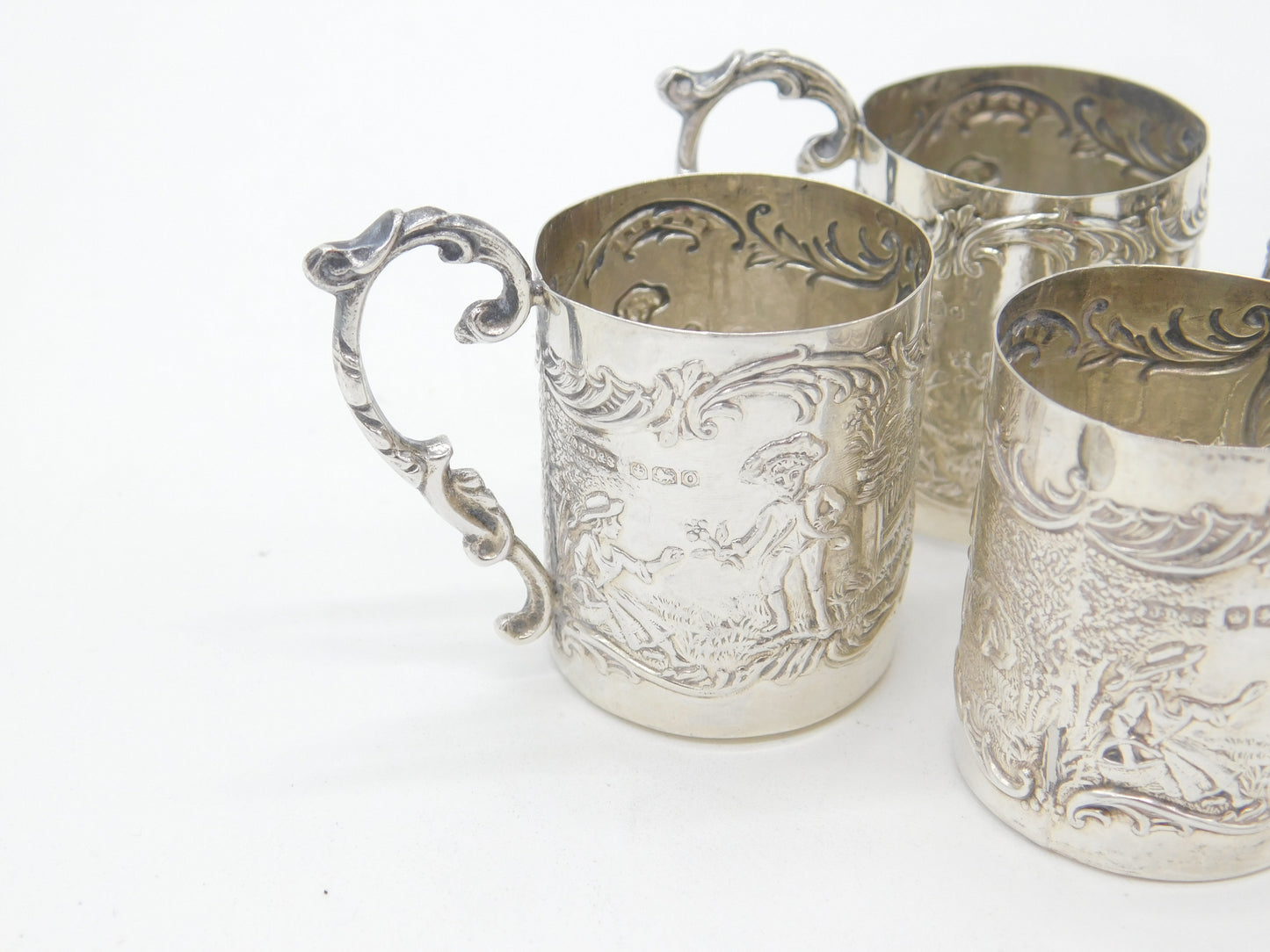 Set of Four Sterling Silver Shot Cup Mounts Farming Scenes Antique 1927 Art Deco