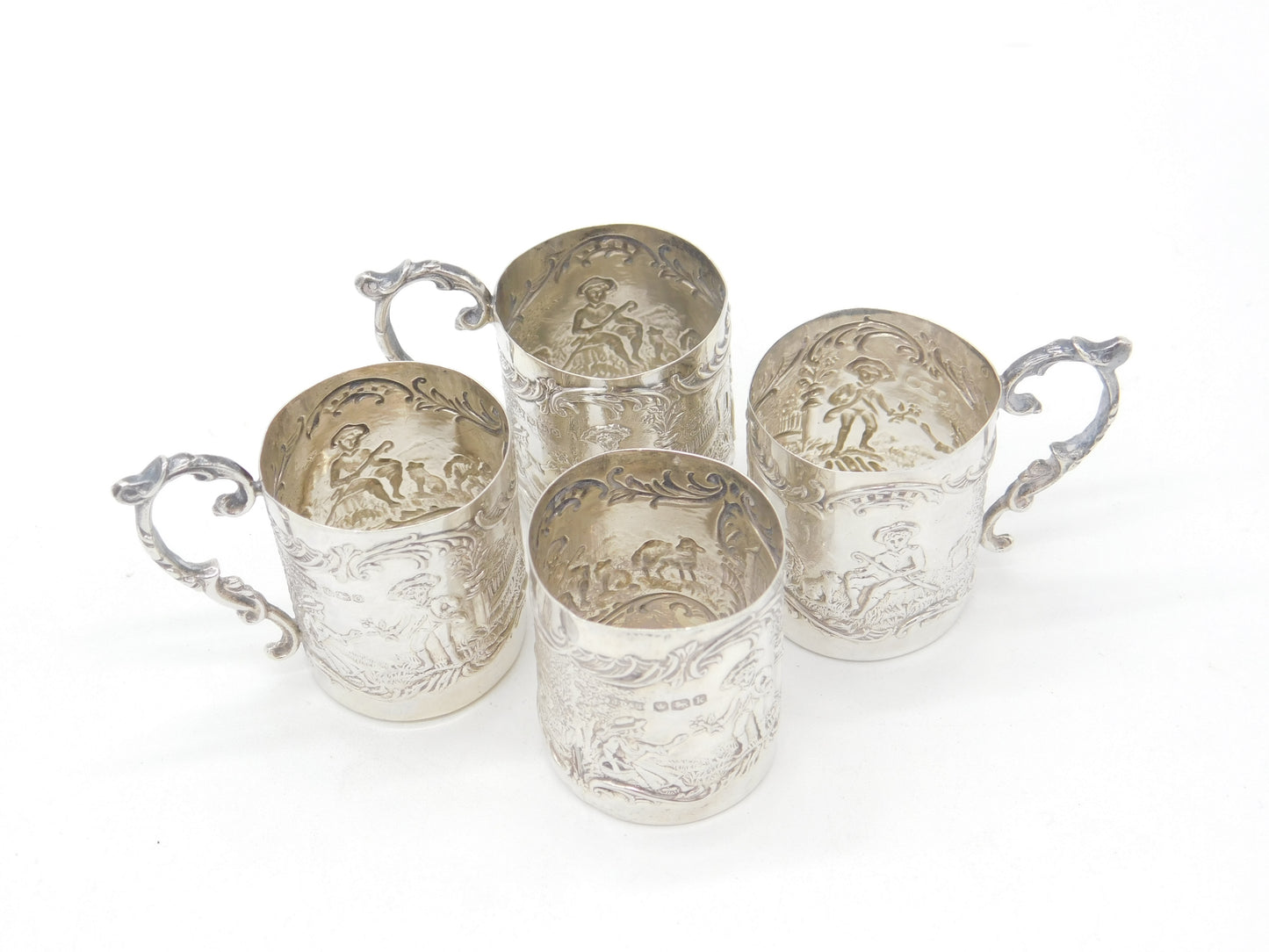 Set of Four Sterling Silver Shot Cup Mounts Farming Scenes Antique 1927 Art Deco