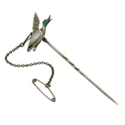 19th Century French Sterling Silver, Enamel & Pearl Flying Duck Stick Pin Antique