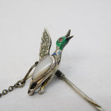 19th Century French Sterling Silver, Enamel & Pearl Flying Duck Stick Pin Antique