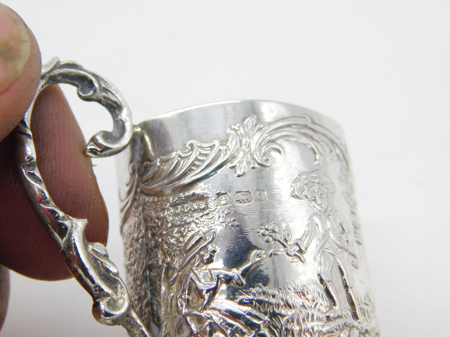 Set of Four Sterling Silver Shot Cup Mounts Farming Scenes Antique 1927 Art Deco