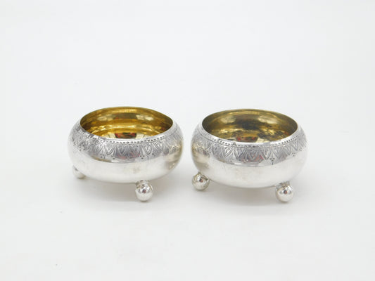 Victorian Pair of Sterling Silver Cauldron Salt Cellars Gilded Antique 1879