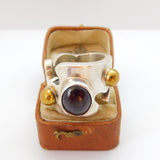 Large Handmade Sterling Silver & Gold Cabochon Garnet Statement Ring Vintage