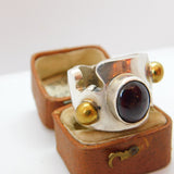 Large Handmade Sterling Silver & Gold Cabochon Garnet Statement Ring Vintage