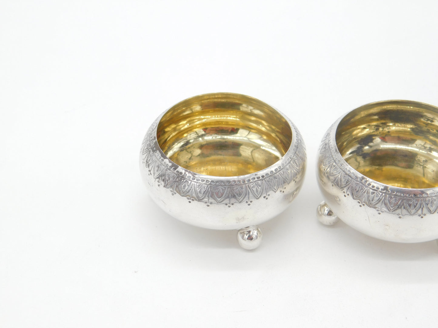 Victorian Pair of Sterling Silver Cauldron Salt Cellars Gilded Antique 1879