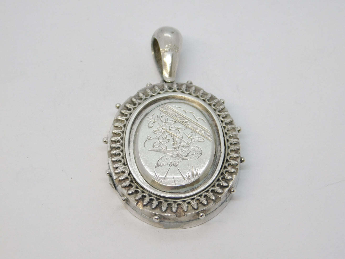Victorian Sterling Silver Aesthetic Leaf & Crane Sweetheart Locket Antique c1880