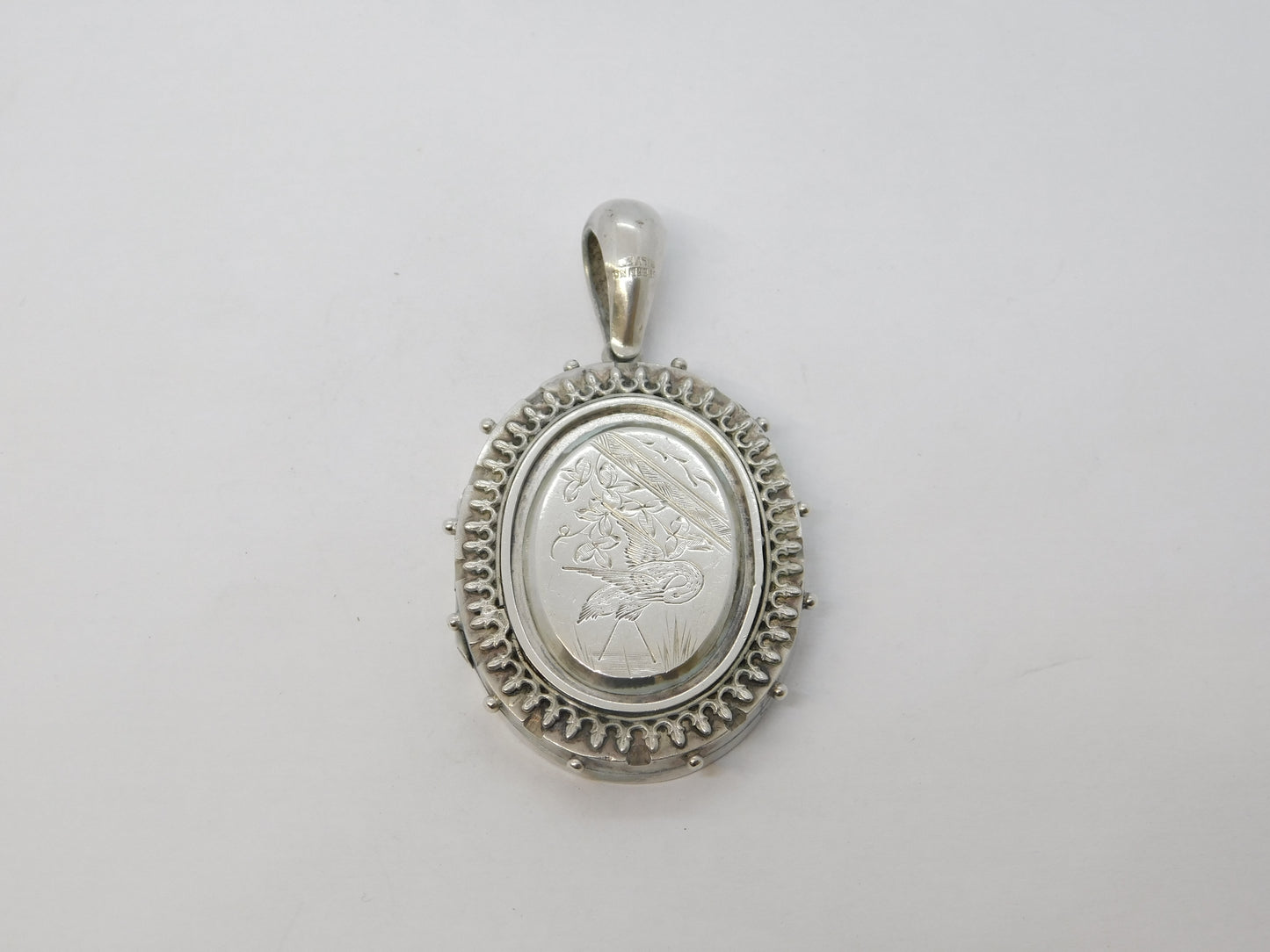 Victorian Sterling Silver Aesthetic Leaf & Crane Sweetheart Locket Antique c1880