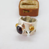 Large Handmade Sterling Silver & Gold Cabochon Garnet Statement Ring Vintage