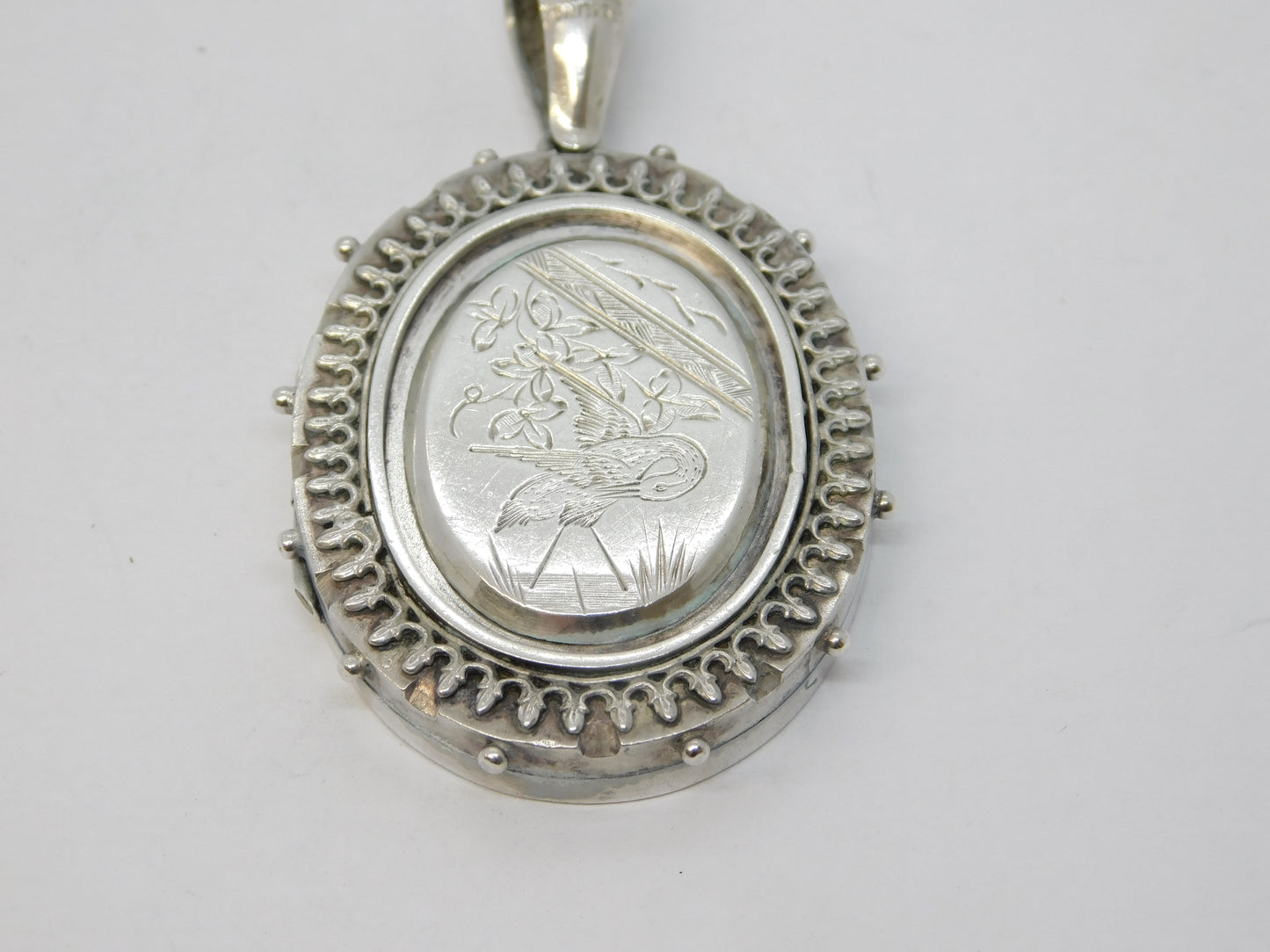 Victorian Sterling Silver Aesthetic Leaf & Crane Sweetheart Locket Antique c1880