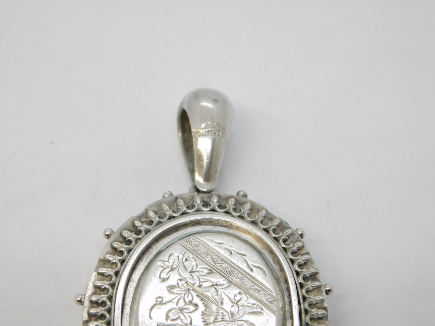 Victorian Sterling Silver Aesthetic Leaf & Crane Sweetheart Locket Antique c1880